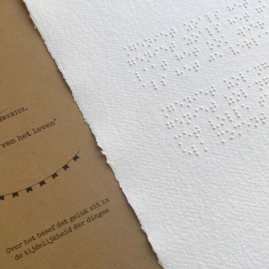 Op de foto staat het braille cadeau "Geniet van het leven". Het is een gedicht voor mensen die blind of slechtziend zijn. Het cadeau bestaat uit een gedicht in braille en een kaart waarop het gedicht in letters uitgeschreven staat. De gever kan zo het gedicht eventueel makkelijk voorlezen en de ontvanger kan het gedicht op die manier ook aan mensen laten lezen die geen braille kunnen lezen.