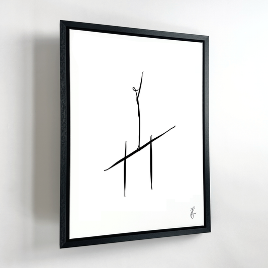 Dit werk heet "Na disbalans". Het is een abstract werk van zwarte lijnen op een wit canvas doek in een luxe zwarte floating frame. Het is een minimalistisch werk voor aan de muur wat gaat over het vinden van de ultieme balans wat pas kan ontstaan uit disbalans. Op het doek is een figuur te zien die aan het balanceren is. Het werk is ondertekend met de initialen PJ.