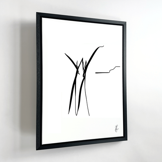 Dit werk heet "Op grote hoogte". Het is een abstract werk van zwarte lijnen op een wit canvas doek in een luxe zwarte floating frame. Het is een minimalistisch werk voor aan de muur wat gaat over de grote hoogte die bereikt wordt als alles samenkomt. Op het doek zijn twee figuren te zien die op grote hoogte staan. Het werk is ondertekend met de initialen PJ.